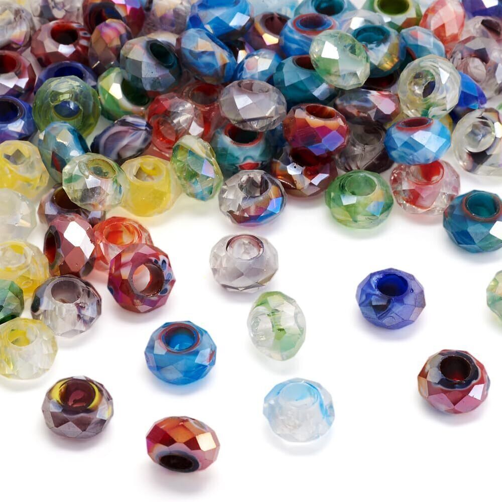 3949 Pandahall 100pcs Glass European Beads Large Hole Beads Round Faceted